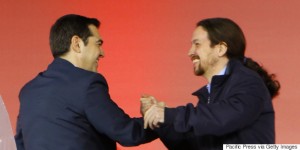 OMONIA SQUARE, ATHENS, ATTICA, GREECE - 2015/01/22: Alexis Tsipras (left), the leader of SYRIZA and the most promising candidate to be the next Prime Minister of Greece, welcomes Pablo Iglesias Turrión (right), the leader of the Spanish Podemos party.SYRIZA (Coalition of the Radical Left), the leading party in the opinion polls, held their final election rally in Athens. Speakers included the leader of SYRIZA Alexis Tsipras and Pablo Iglesias Turrión, the General Secretary of the Spanish Podemos party. (Photo by Michael Debets/Pacific Press/LightRocket via Getty Images)