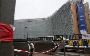 A metro station is closed in front of EU headquarters in the European Quarter of Brussels on Saturday, Nov. 21, 2015. Belgium raised its security level to its highest degree on Saturday as the manhunt continues for extremist Salah Abdeslam who took part in the Paris attacks. The security levels shut down all metro lines and shuttered many shops as well as canceling sports matches. (AP Photo/Virginia Mayo)