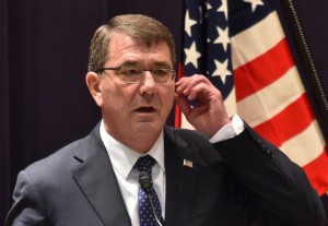 US Defence Secretary Ashton Carter answers questions during a joint press conference with Japanese Defense Minister Gen Nakatani at the Defence Ministry in Tokyo on April 8, 2015. Carter is on a three-day visit to Japan. AFP PHOTO / KAZUHIRO NOGI