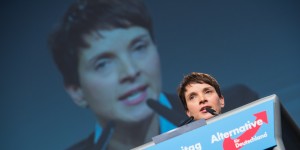HANOVER, GERMANY - NOVEMBER 28:  Chairwoman Frauke Petry delivers her speech during the AfD (Alternative fuer Deutschland) federal party congress on November 28, 2015 in Hanover, Germany. The AFD aims to enter three new state parliaments in 2016 by luring conservative voters angry with Chancellor Angela Merkel's open-door asylum policy. This weekend the party will outline its plan to bring order to what it calls the "asylum chaos." (Photo by Nigel Treblin/Getty Images)