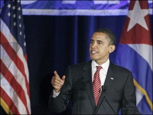 U.S. Democratic presidential candidate Senator Barack Obama (D-IL) speaks during Cuban Independence Day celebrations during a meeting with the Cuban American national foundation in Miami, Florida, May 23, 2008.     REUTERS/Carlos Barria    (UNITED STATES)   US PRESIDENTIAL ELECTION 2008 (USA)