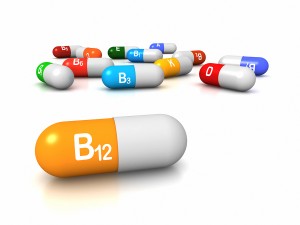 High resolution 3D render of vitamin supplements focus on Vitamin B12 Cobalamin