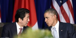 U.S. President Barack Obama, right, and Japans Prime Minister Shinzo Abe, left, talk during a bilateral meeting at the Asia-Pacific Economic Cooperation summit in Manila, Philippines, Thursday, Nov. 19, 2015. (AP Photo/Susan Walsh)