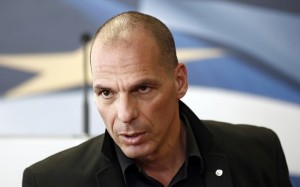 Yanis Varoufakis, Greece's finance minister, speaks to the media following a meeting with Swiss tax officials in Athens, Greece, on Tuesday, April 28, 2015. Greece reshuffled its bailout-negotiating team, reining in Varoufakis, after three months of talks with creditors failed to unlock aid and a meeting with his euro-area counterparts ended in acrimony. Photographer: Kostas Tsironis/Bloomberg *** Local Caption *** Yanis Varoufakis