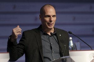 Yanis Varoufakis speaks at a news conference during an informal meeting of Ministers for Economic and Financial Affairs (ECOFIN) in Riga