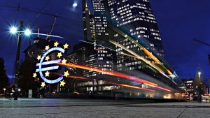 FRANKFURT AM MAIN, GERMANY - NOVEMBER 05: The giant Euro symbol stands illuminated outside the headquarters of the European Central Bank (ECB) on November 5, 2012 in Frankfurt, Germany. Analysts are predicting that ECB President Mario Draghi will announce in a press conference scheduled for November 8 that he will leave ECB interest rates unchanged despite continued weak economic data coming from many Eurozone economies.(Photo by Hannelore Foerster/Getty Images)